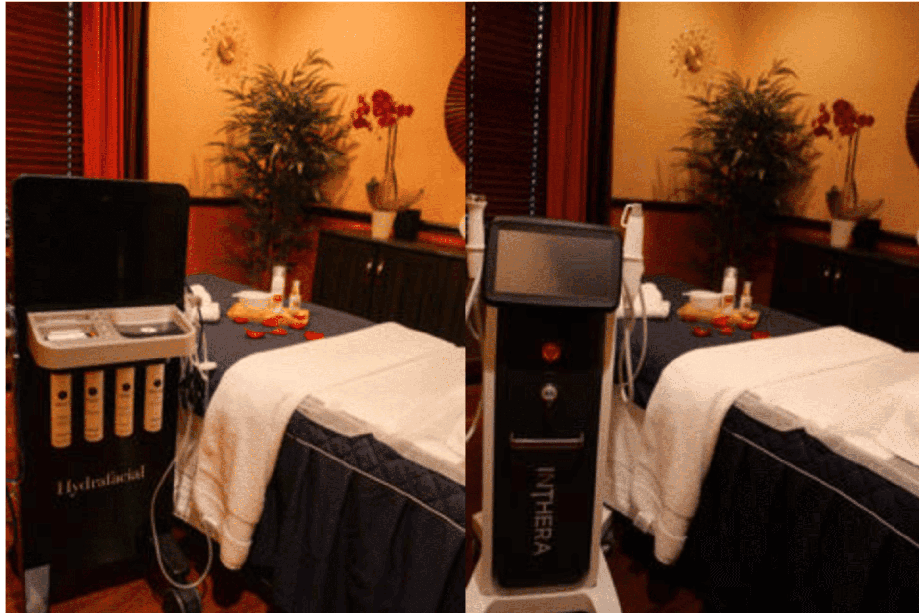 Spa treatment room featuring Hydrafacial and INTHERA machines with towels and skincare products.